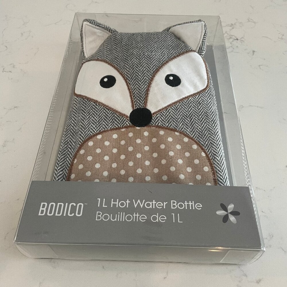 Bodico Health & Body 1L Hot Water Bottle w Sweet Baby Fox Poly Cover Sz OS NWT